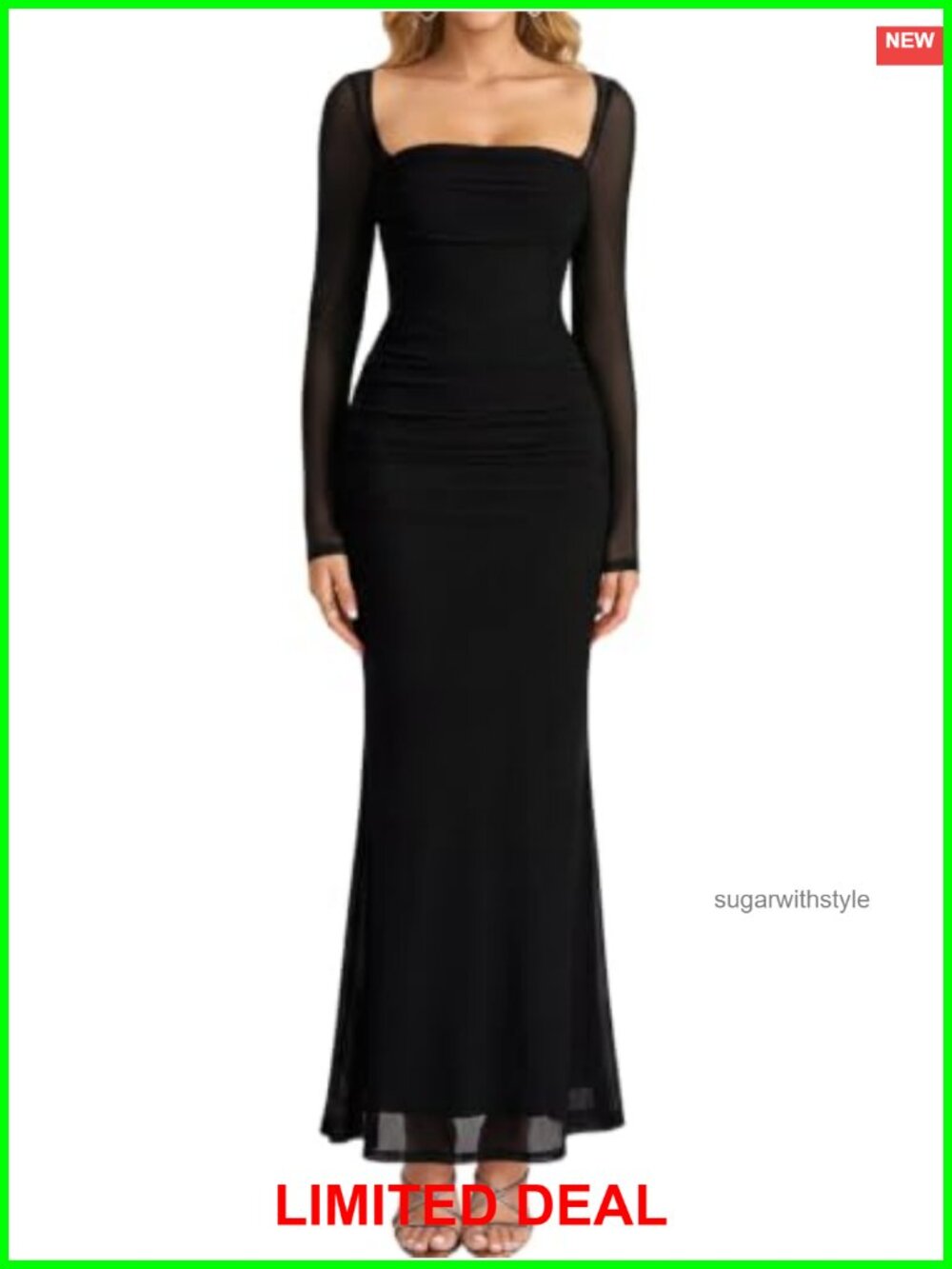 Long Sleeve Mesh Maxi Dress Square Neck Ruched Bodycon